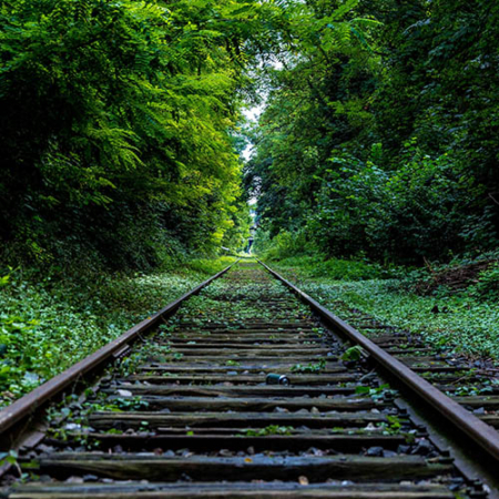 Fotohintergrund: Bahnstrecke ins Grün