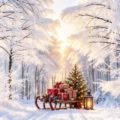 Fotohintergrund: Schlitten im Schneewald – Ausschnitt 200 x 200 cm
