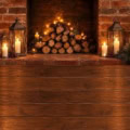 Fotohintergrund 2in1: Backsteinkamin mit Weihnachtsstrümpfen und Holzboden – Ausschnitt 200 x 400 cm