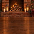 Fotohintergrund 2in1: Backsteinkamin mit Weihnachtsstrümpfen und Holzboden – Ausschnitt 250 x 500 cm