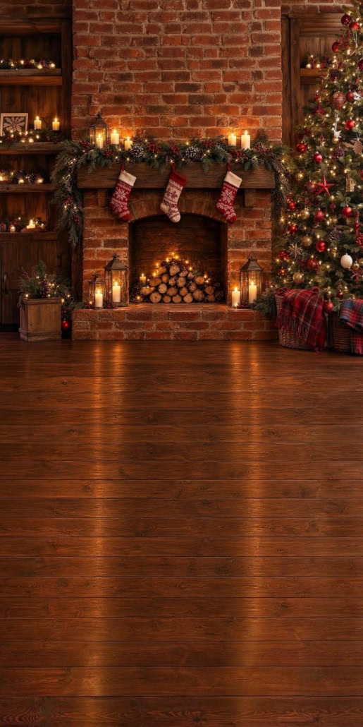 Fotohintergrund 2in1: Backsteinkamin mit Weihnachtsstrümpfen und Holzboden