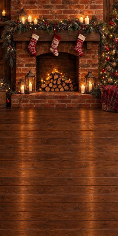 Fotohintergrund 2in1: Backsteinkamin mit Weihnachtsstrümpfen und Holzboden