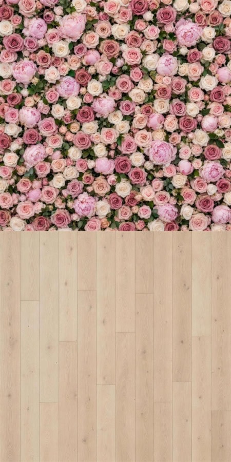 Fotohintergrund 2in1: Rosenwand Rosé mit hellen Dielen