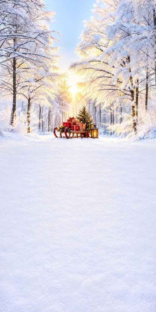 Fotohintergrund 2in1: Schlitten im Schneewald mit Schneeboden