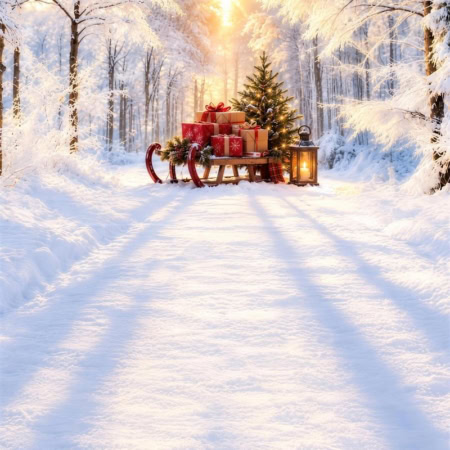 Fotohintergrund 2in1: Schlitten im Schneewald mit Schneeboden