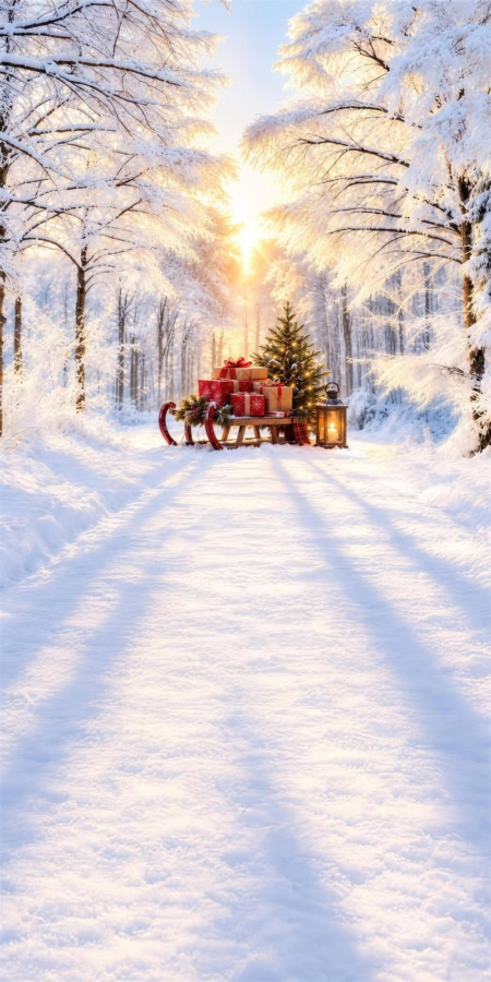Fotohintergrund 2in1: Schlitten im Schneewald mit Schneeboden
