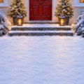 Fotohintergrund 2in1: Verschneite Haustür mit Schneeboden – Ausschnitt 150 x 300 cm