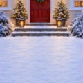Fotohintergrund 2in1: Verschneite Haustür mit Schneeboden – Ausschnitt 200 x 400 cm