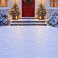 Fotohintergrund 2in1: Verschneite Haustür mit Schneeboden – Ausschnitt 250 x 500 cm