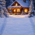 Fotohintergrund 2in1: Waldhütte bei Nacht mit Schneeboden – Ausschnitt 150 x 300 cm