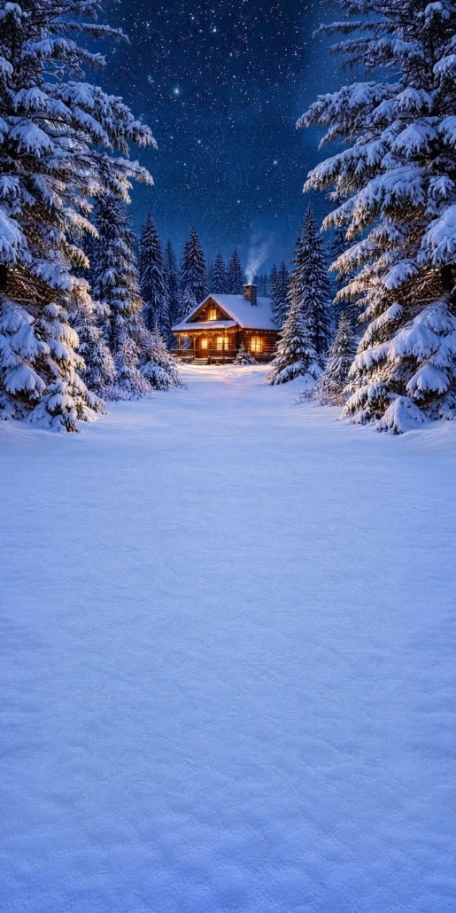 Fotohintergrund 2in1: Waldhütte bei Nacht mit Schneeboden