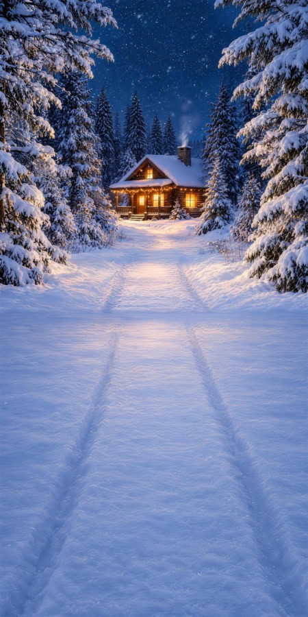 Fotohintergrund 2in1: Waldhütte bei Nacht mit Schneeboden