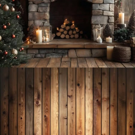Fotohintergrund 2in1: Weihnachten am Kamin mit rustikalem Holz