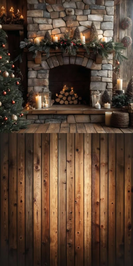 Fotohintergrund 2in1: Weihnachten am Kamin mit rustikalem Holz