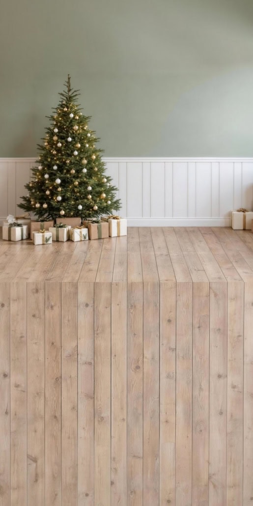 Fotohintergrund 2in1: Weihnachtsbaum vor Salbeigrün mit Holzboden