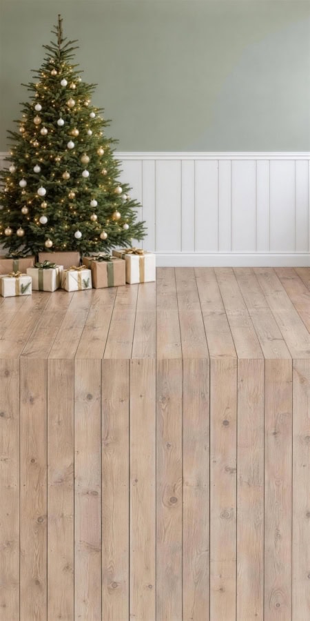 Fotohintergrund 2in1: Weihnachtsbaum vor Salbeigrün mit Holzboden