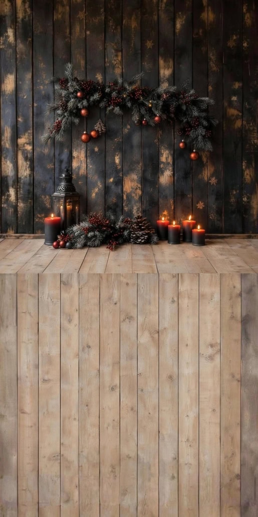 Fotohintergrund 2in1: Weihnachtsdeko vor Holzwand mit Holzboden