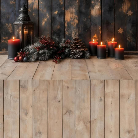 Fotohintergrund 2in1: Weihnachtsdeko vor Holzwand mit Holzboden