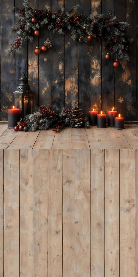 Fotohintergrund 2in1: Weihnachtsdeko vor Holzwand mit Holzboden