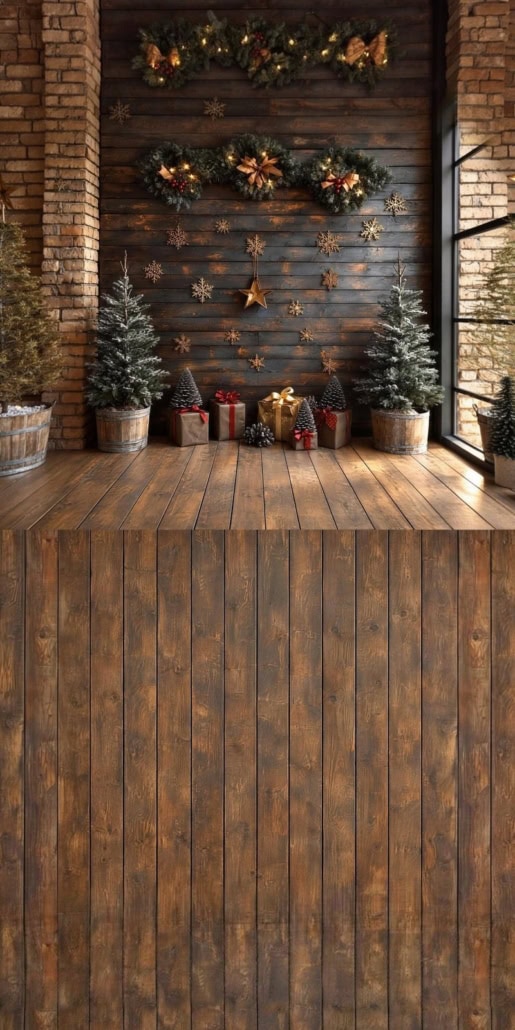 Fotohintergrund 2in1: Weihnachtsgeschenke und Tanne mit Holzboden