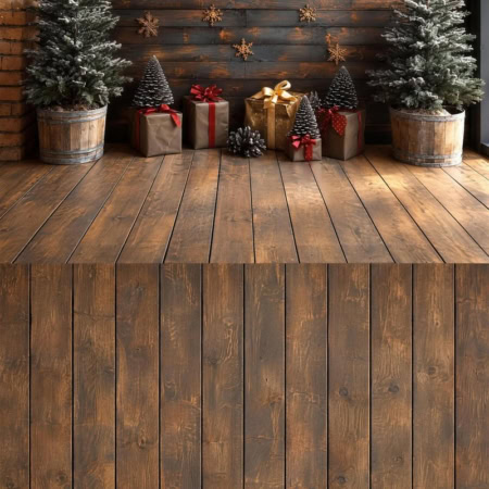 Fotohintergrund 2in1: Weihnachtsgeschenke und Tanne mit Holzboden