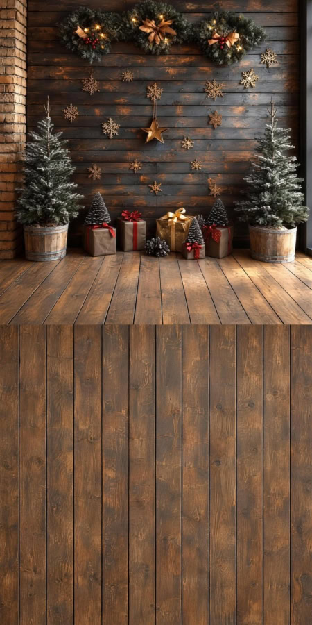 Fotohintergrund 2in1: Weihnachtsgeschenke und Tanne mit Holzboden