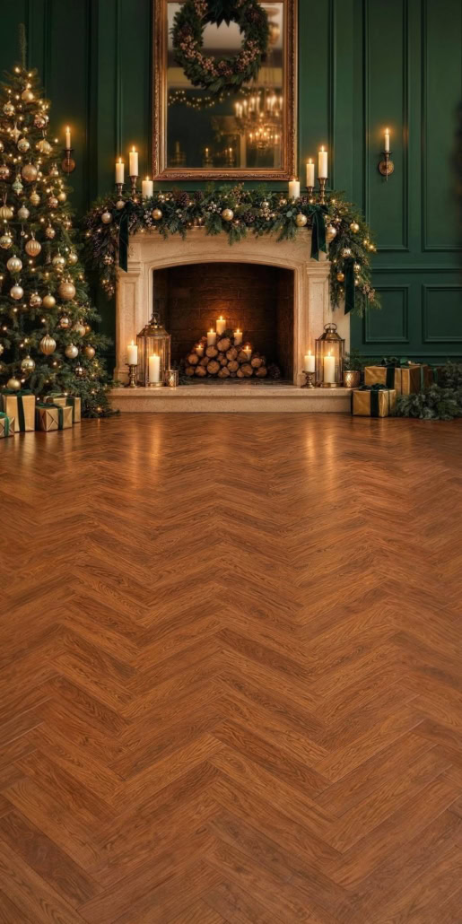 Fotohintergrund 2in1: Weihnachtssalon mit Kamin und Parkett