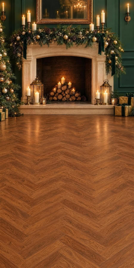 Fotohintergrund 2in1: Weihnachtssalon mit Kamin und Parkett