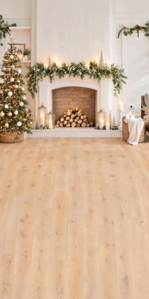 Fotohintergrund 2in1: Weißer Landhaus-Kamin mit Holzboden