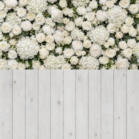 Fotohintergrund 2in1: Weiße Blumenwand mit weißen Dielen
