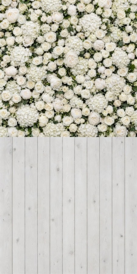 Fotohintergrund 2in1: Weiße Blumenwand mit weißen Dielen