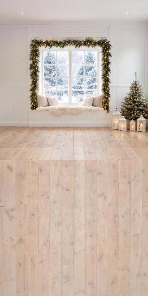 Fotohintergrund 2in1: Wintertraum am Fenster mit Holzboden
