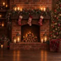 Fotohintergrund: Backsteinkamin mit Weihnachtsstrümpfen