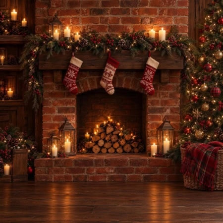 Fotohintergrund: Backsteinkamin mit Weihnachtsstrümpfen