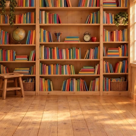 Fotohintergrund: Bücherregal mit Globus