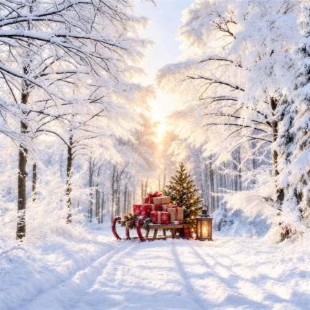 Fotohintergrund: Schlitten im Schneewald