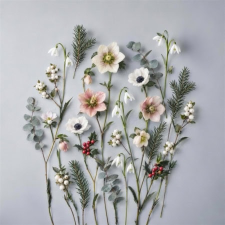 Fotohintergrund: Winterblumen auf Silbergrau