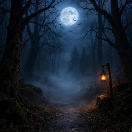 Fotohintergrund: Spukwald mit Vollmond